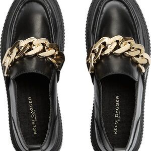 Kelsi Dagger Black Loafers with Gold Chain